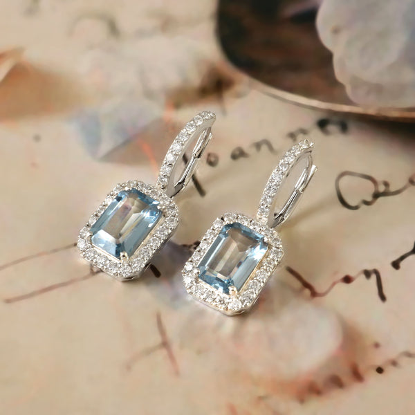 Natural Blue Topaz and Moissanite Earrings for Her, Elegant Sparkling Gemstone Jewelry