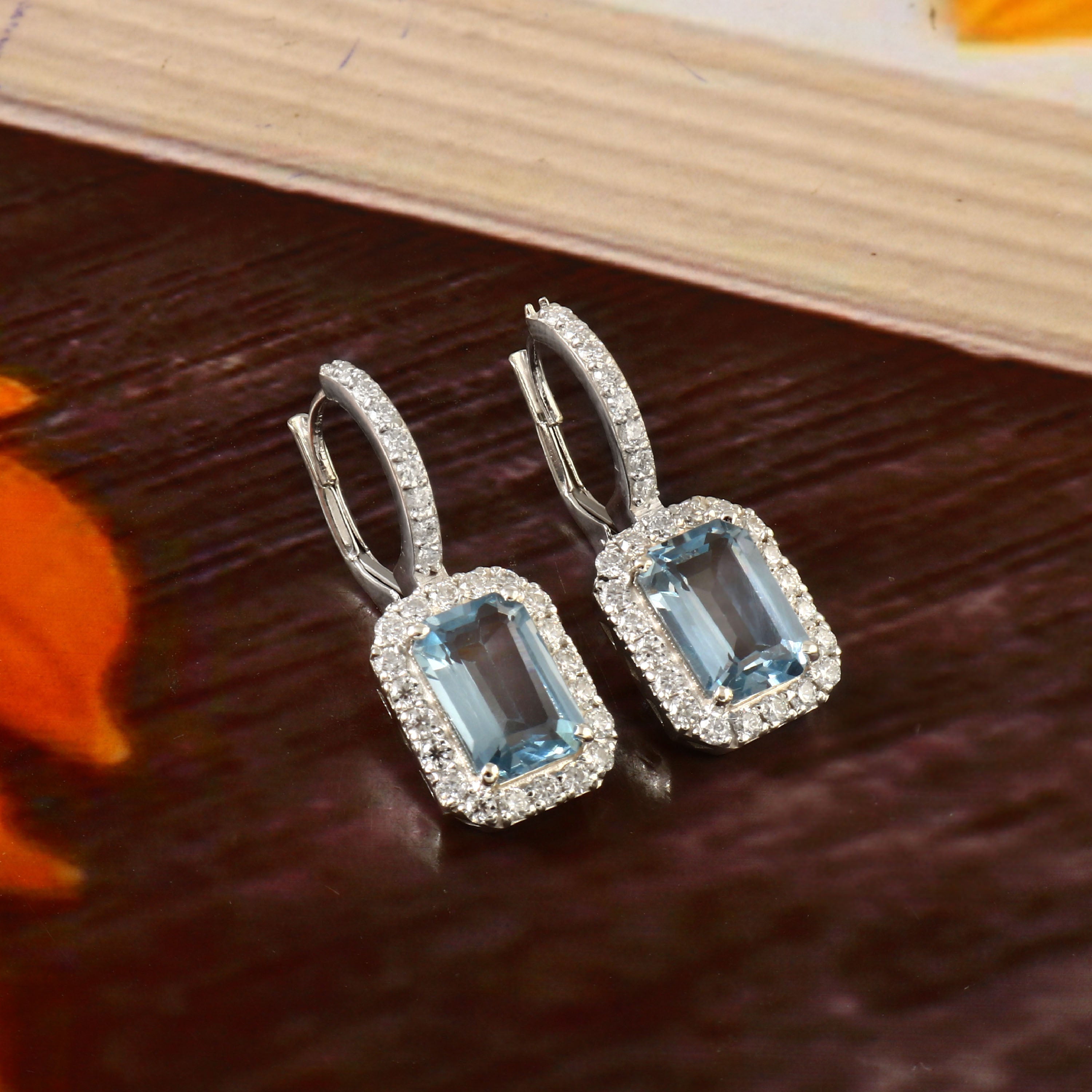 Natural Blue Topaz and Moissanite Earrings for Her, Elegant Sparkling Gemstone Jewelry