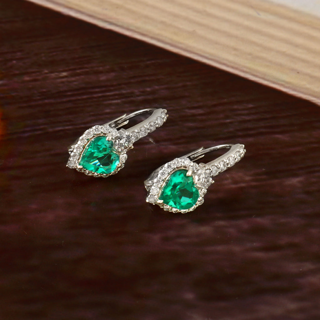 Lab Grown Emerald Heart Shape Earrings for Her, Romantic Elegant Gemstone Jewelry Gift