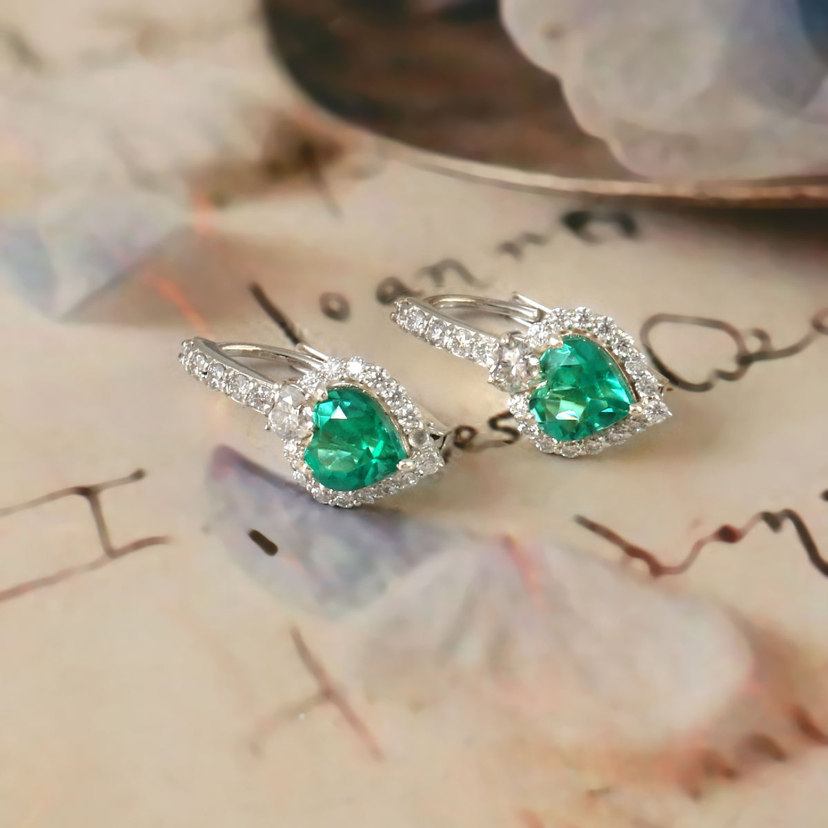 Lab Grown Emerald Heart Shape Earrings for Her, Romantic Elegant Gemstone Jewelry Gift
