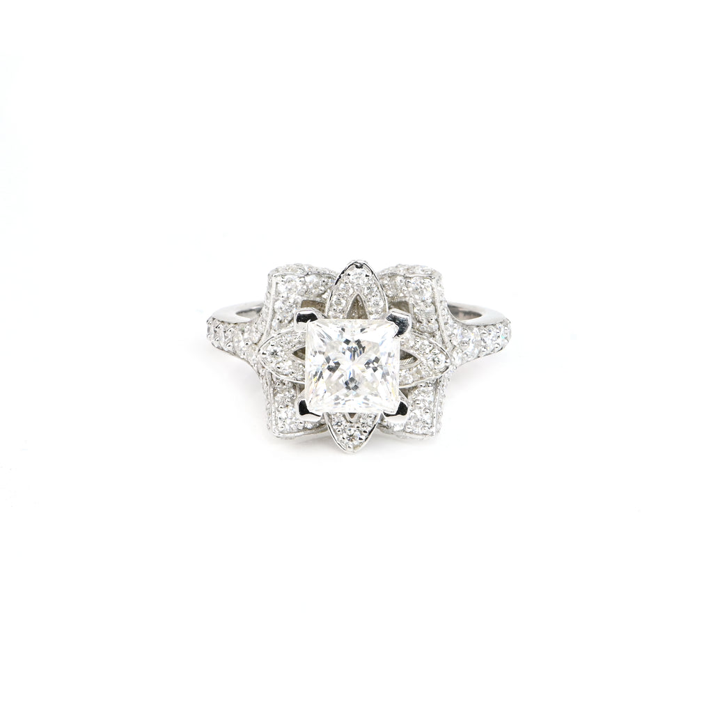 Elegant Princess Cut Moissanite Flower Ring in Sterling Silver – Timeless Floral Beauty Crafted for Everyday Luxury and Sparkling Grace