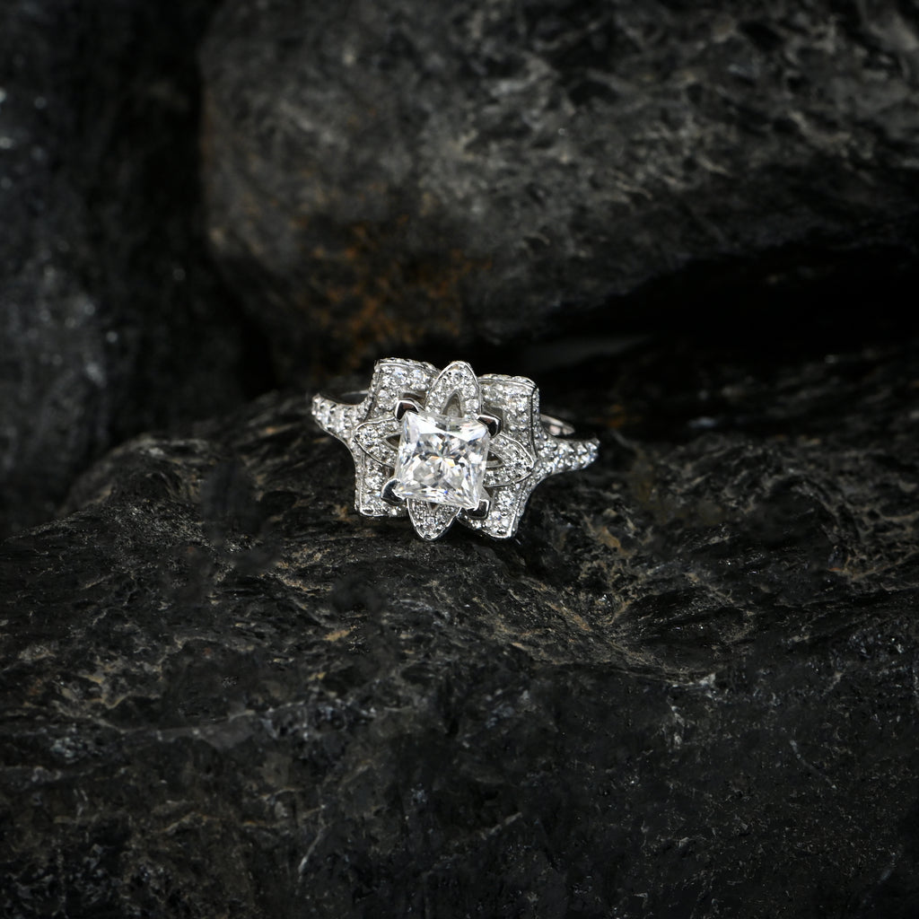 Elegant Princess Cut Moissanite Flower Ring in Sterling Silver – Timeless Floral Beauty Crafted for Everyday Luxury and Sparkling Grace