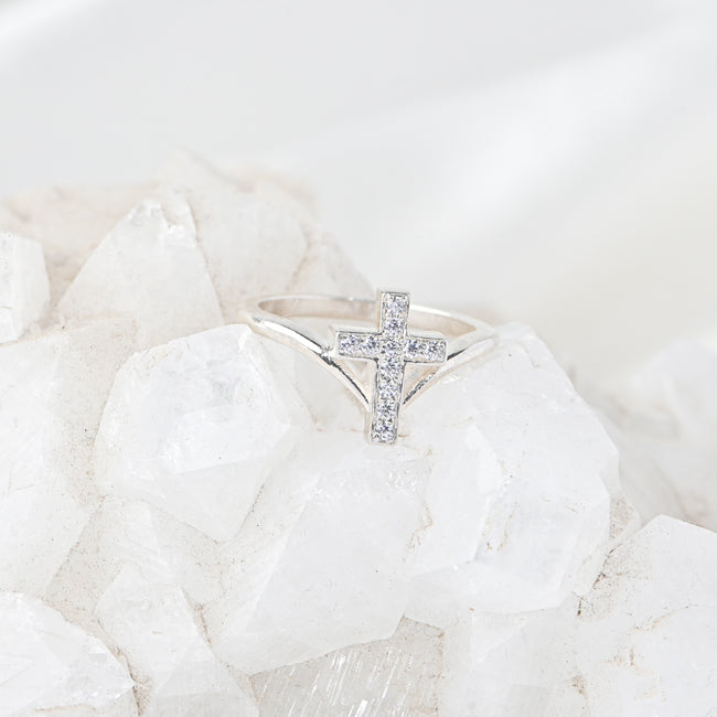 Radiant Jedgus Cross Moissanite Ring in Sterling Silver — Faith Inspired Elegance with Timeless Sparkle, Luxury, Grace, and Brilliance Hover Image