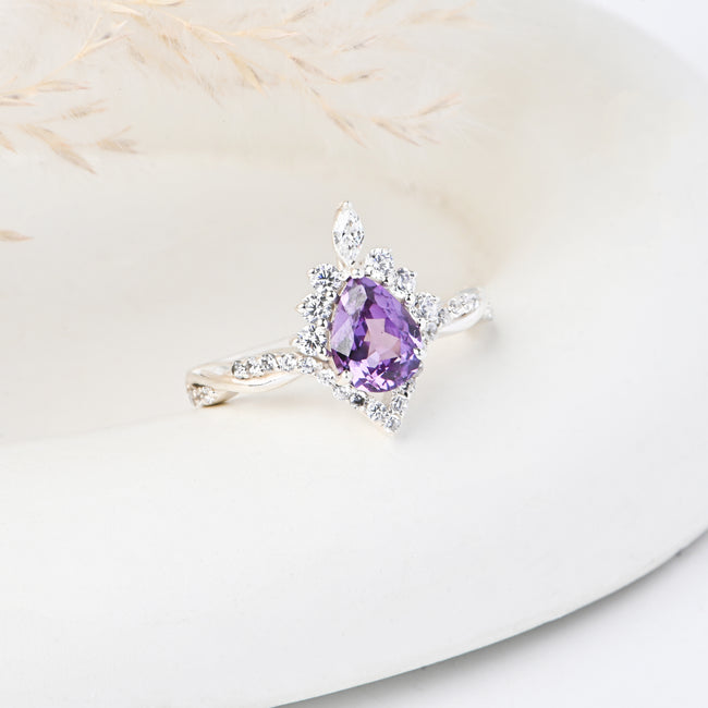 Elegant Pear Cut Amethyst Ring in Sterling Silver – Handmade Vintage Purple Gemstone Jewelry for Women Hover Image