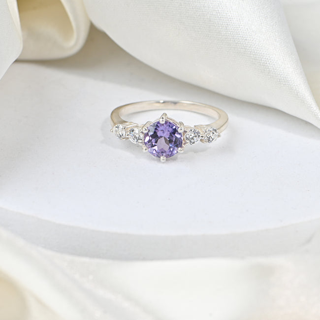 Luxury Round Cut Alexandrite Ring in Sterling Silver – Elegant Handmade Statement Jewelry for Women Everyday Wear Hover Image