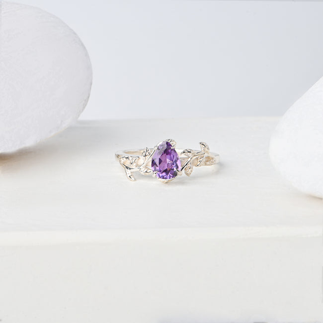 Elegant Pear Cut Natural Amethyst Ring in Sterling Silver – Timeless Purple Brilliance Crafted for Everyday Luxury and Grace Hover Image