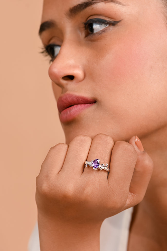 Elegant Pear Cut Natural Amethyst Ring in Sterling Silver – Timeless Purple Brilliance Crafted for Everyday Luxury and Grace Main Image