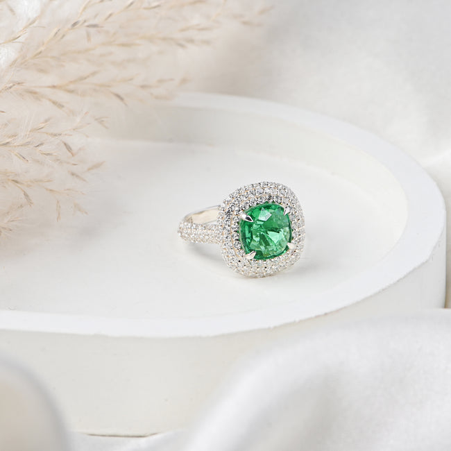 Elegant Cushion Cut Lab-Grown Emerald Ring in Sterling Silver for Timeless Luxury and Everyday Elegance Hover Image