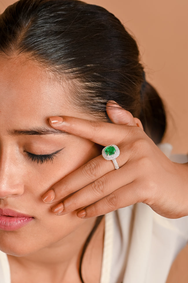 Elegant Cushion Cut Lab-Grown Emerald Ring in Sterling Silver for Timeless Luxury and Everyday Elegance Main Image