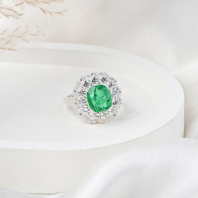Elegant Lab-Grown Emerald Cushion Cut Engagement Ring for Her in Timeless Luxury Sterling Silver Main Image