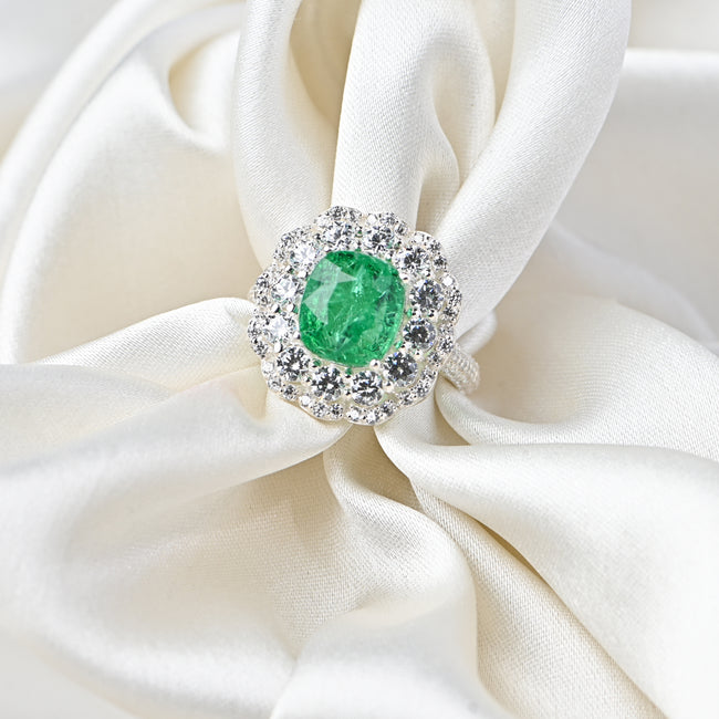 Elegant Lab-Grown Emerald Cushion Cut Engagement Ring for Her in Timeless Luxury Sterling Silver Hover Image