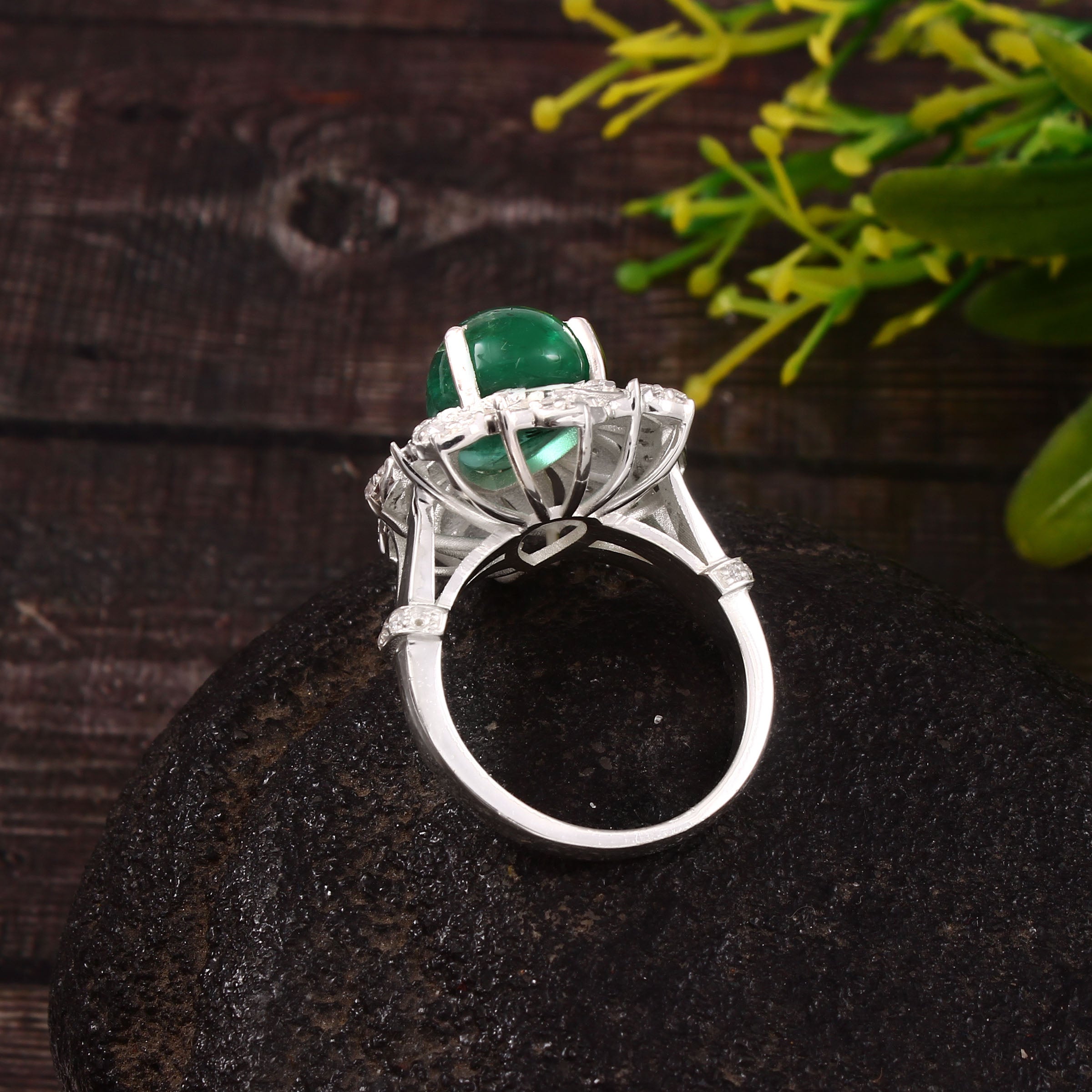 Elegant Emerald Cabochon Ring for Her with Moissanite Accents, Timeless Luxury Sparkle Jewelry