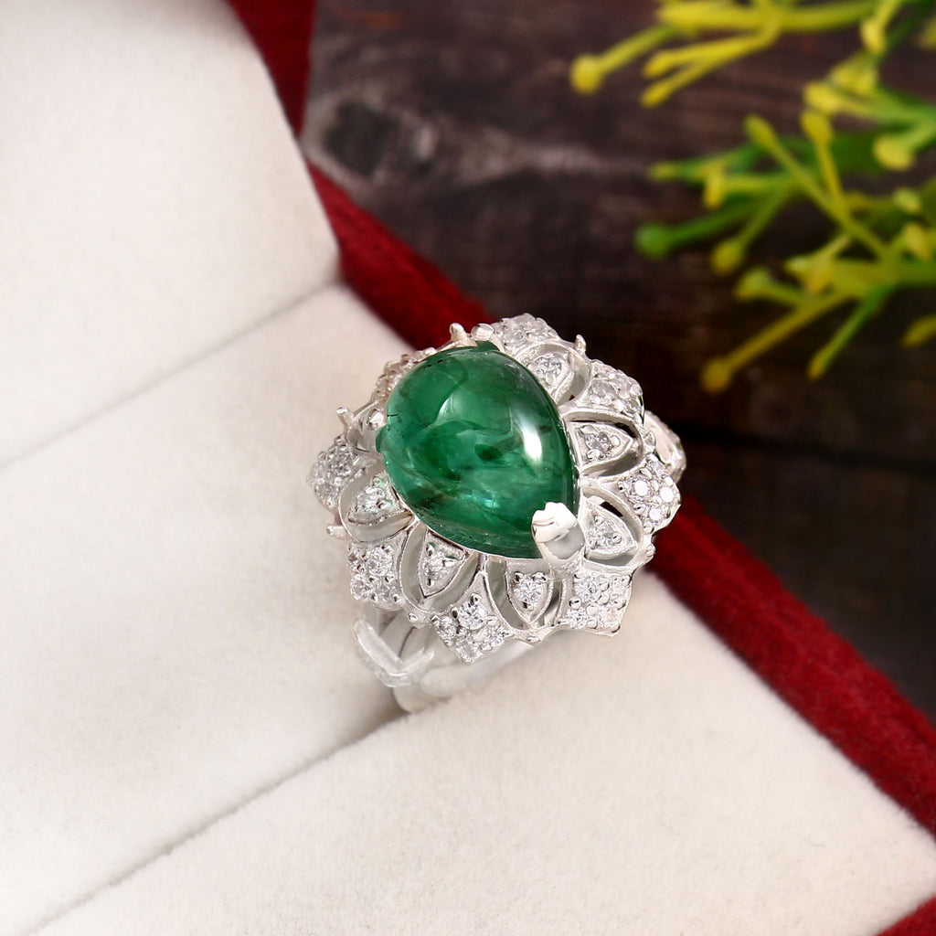 Elegant Emerald Cabochon Ring for Her with Moissanite Accents, Timeless Luxury Sparkle Jewelry