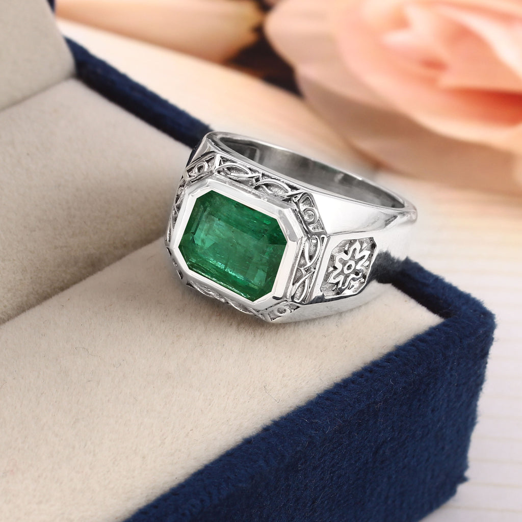 Natural Emerald Ring for Men in Sterling Silver, Elegant Handmade Gemstone Statement Jewelry