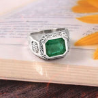 Natural Emerald Ring for Men in Sterling Silver, Elegant Handmade Gemstone Statement Jewelry