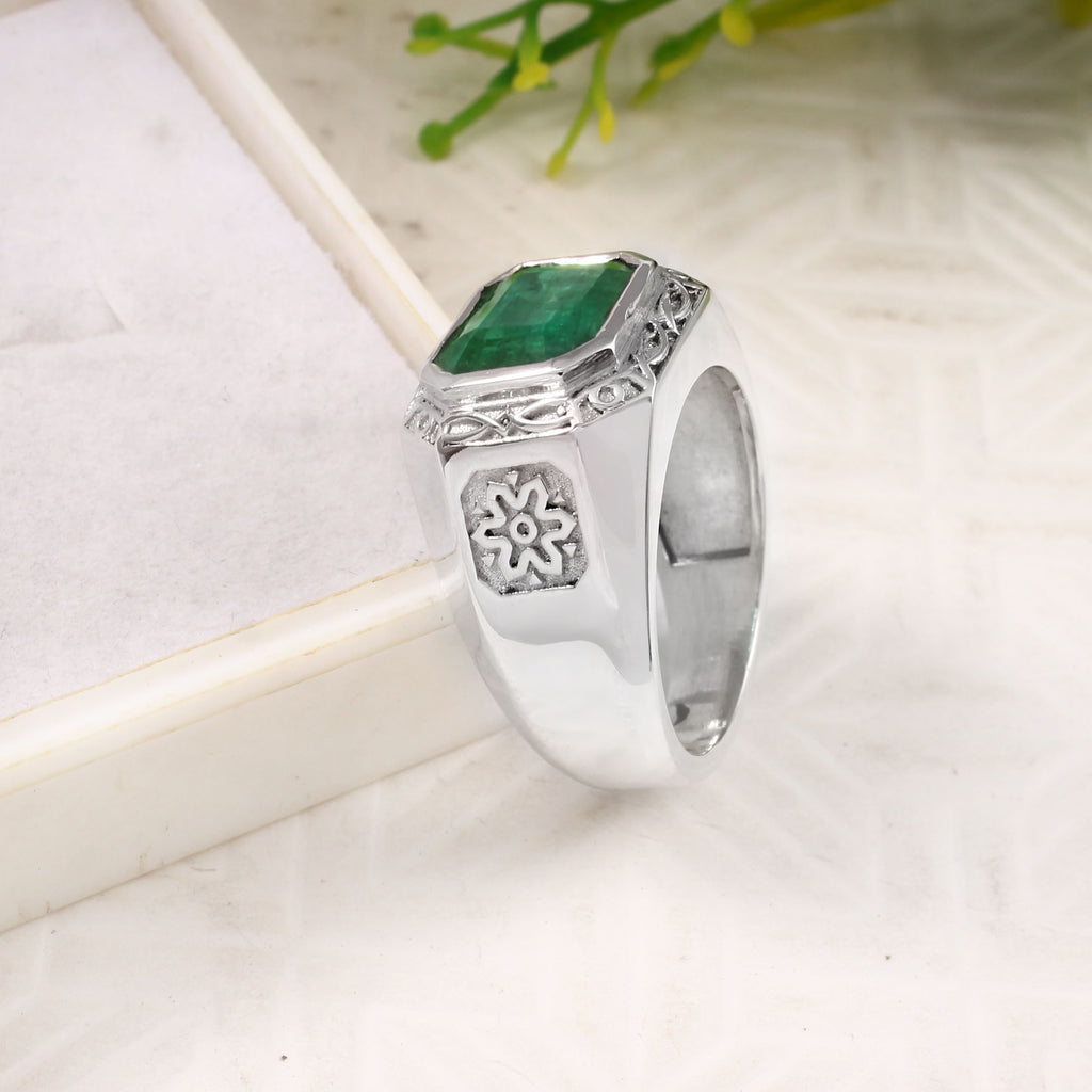 Natural Emerald Ring for Men in Sterling Silver, Elegant Handmade Gemstone Statement Jewelry