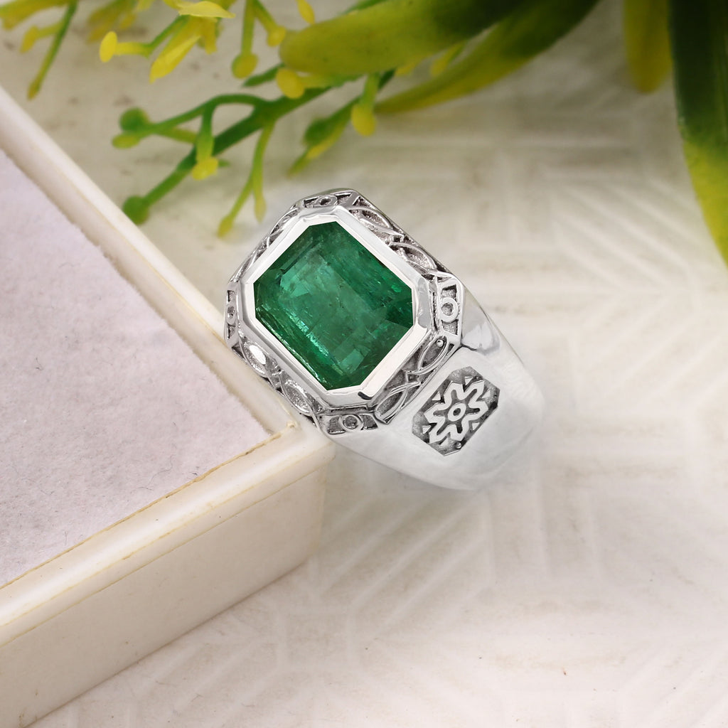Natural Emerald Ring for Men in Sterling Silver, Elegant Handmade Gemstone Statement Jewelry