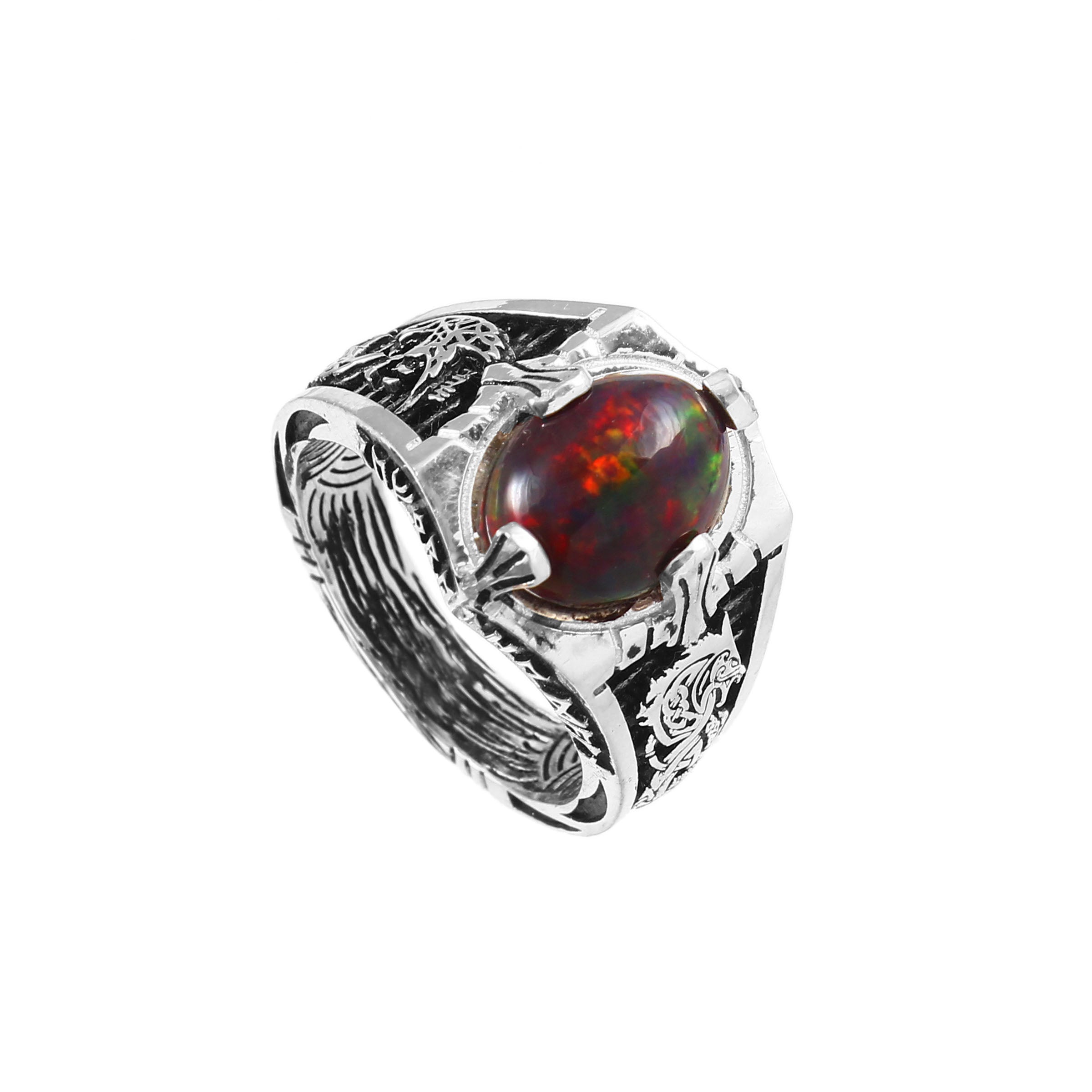 Majestic Dragon Ring with Opal for Him, Fantasy-Inspired Sterling Silver Statement Jewelry Gift