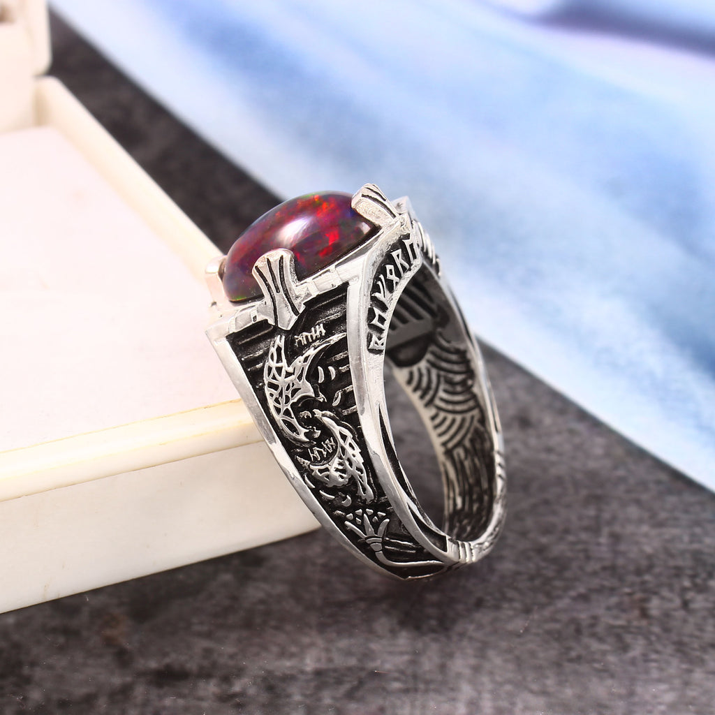 Majestic Dragon Ring with Opal for Him, Fantasy-Inspired Sterling Silver Statement Jewelry Gift