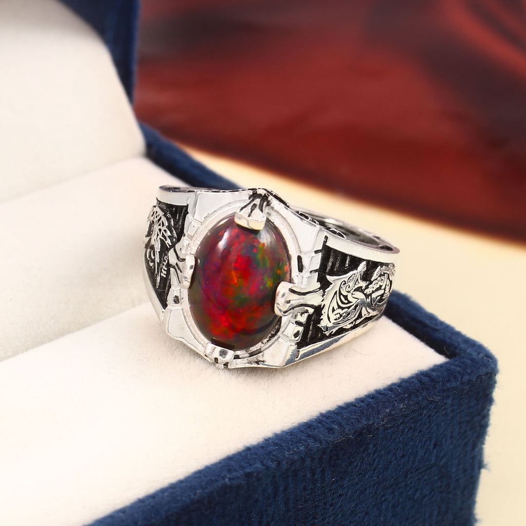 Majestic Dragon Ring with Opal for Him, Fantasy-Inspired Sterling Silver Statement Jewelry Gift