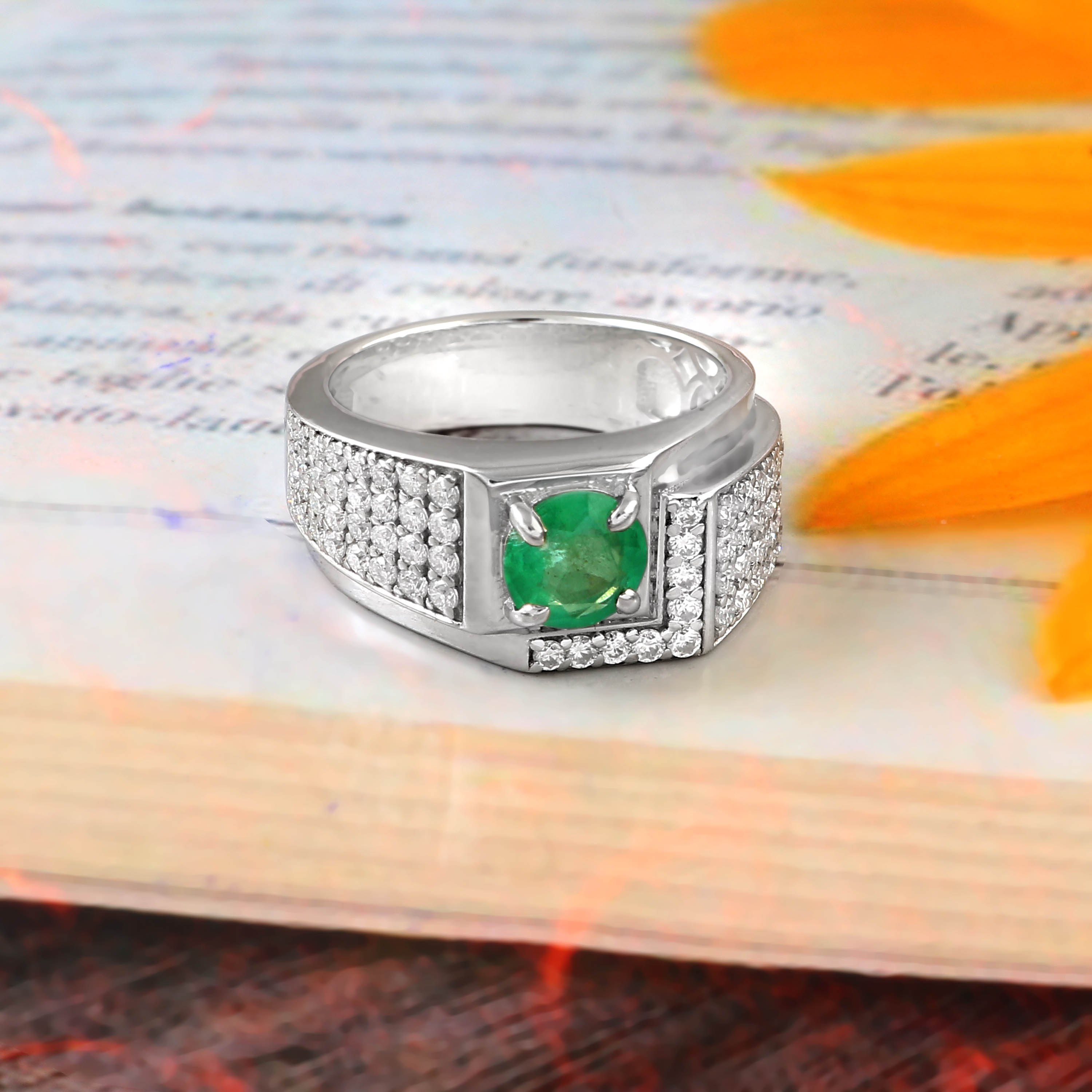Natural Emerald and Moissanite Ring for Him, Bold Luxury Statement Jewelry for Men