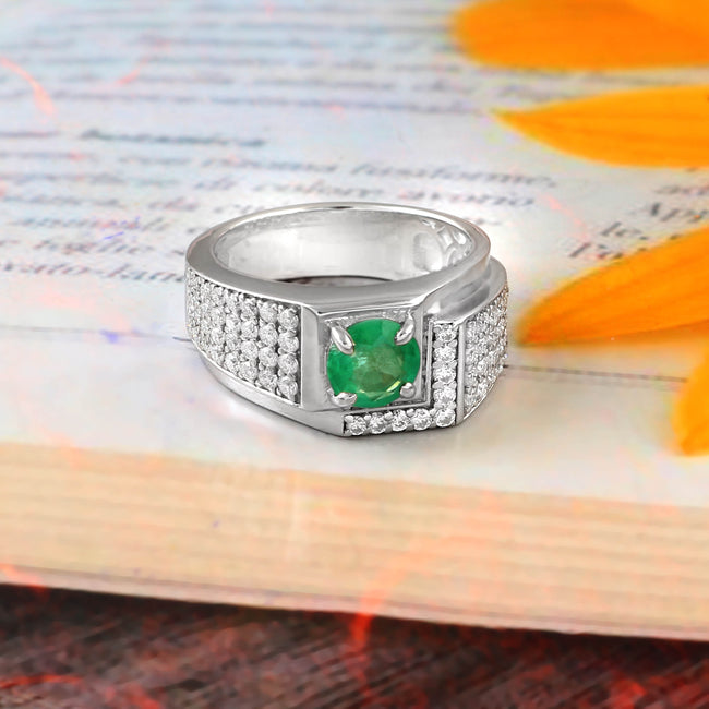 Natural Emerald and Moissanite Ring for Him, Bold Luxury Statement Jewelry for Men Hover Image