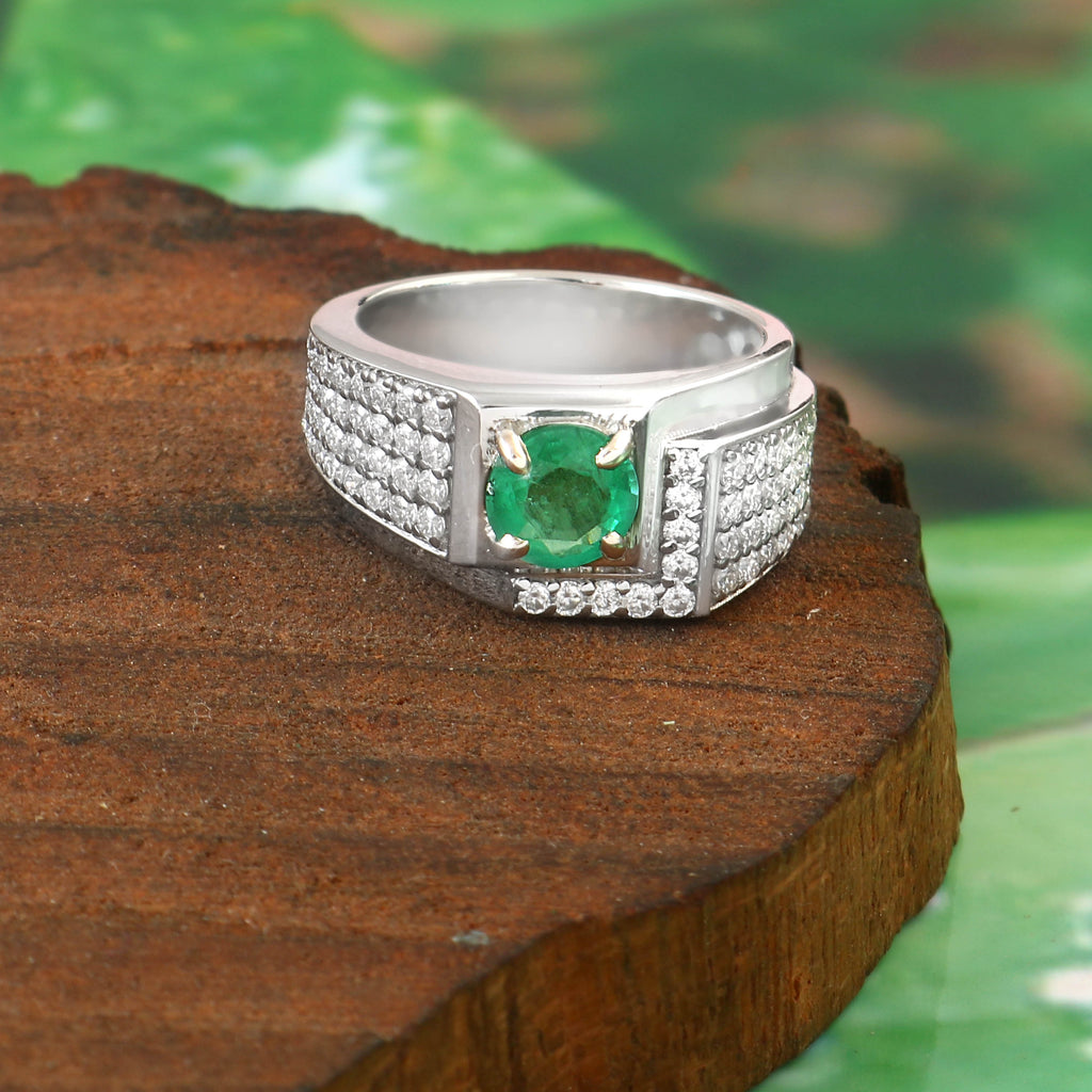 Natural Emerald and Moissanite Ring for Him, Bold Luxury Statement Jewelry for Men
