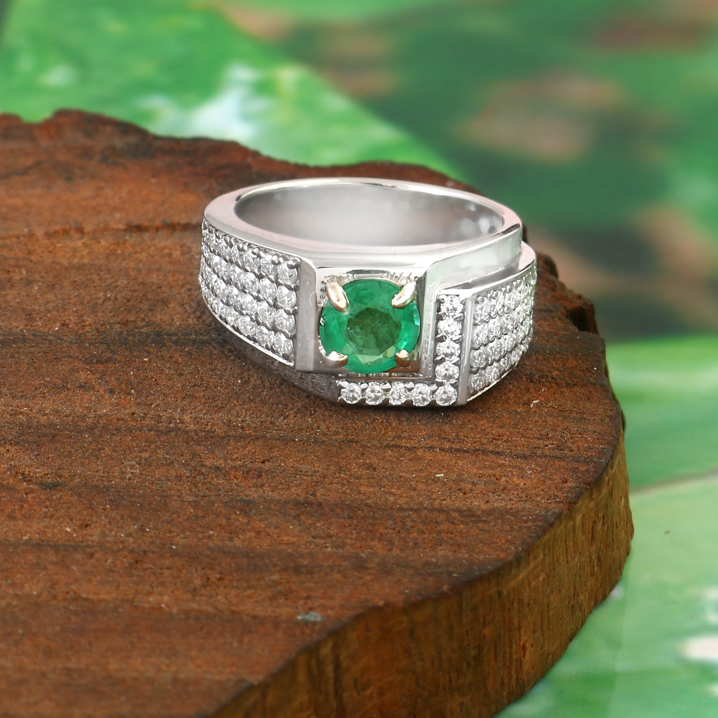 Natural Emerald and Moissanite Ring for Him, Bold Luxury Statement Jewelry for Men