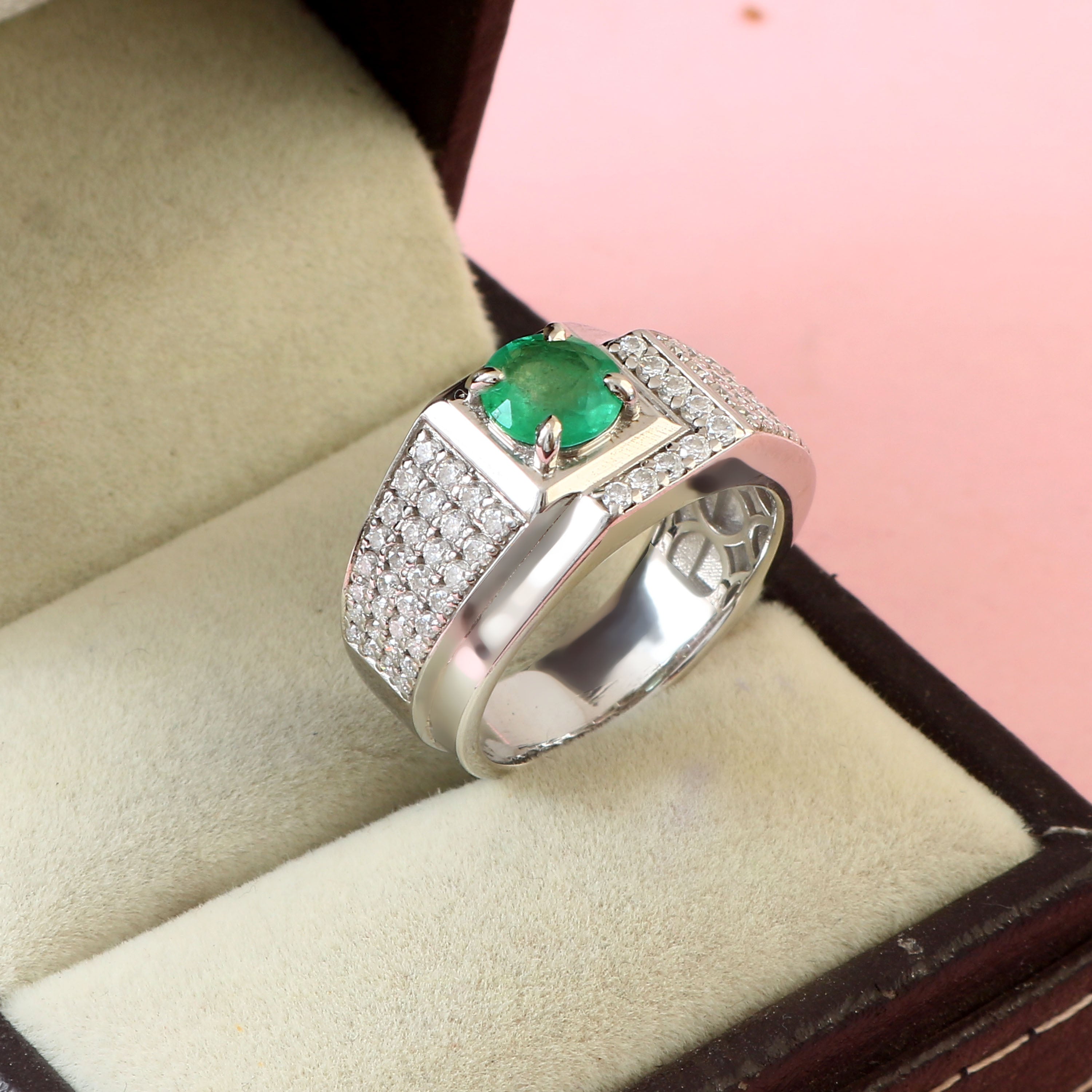 Natural Emerald and Moissanite Ring for Him, Bold Luxury Statement Jewelry for Men
