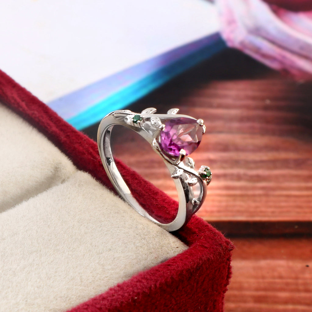 Natural Amethyst Bridal Ring for Her, Nature Inspired Engagement Wedding Jewelry with Elegance