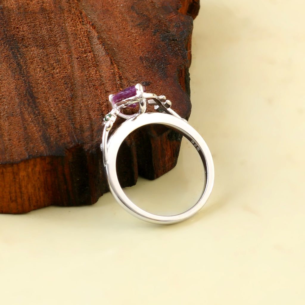 Natural Amethyst Bridal Ring for Her, Nature Inspired Engagement Wedding Jewelry with Elegance