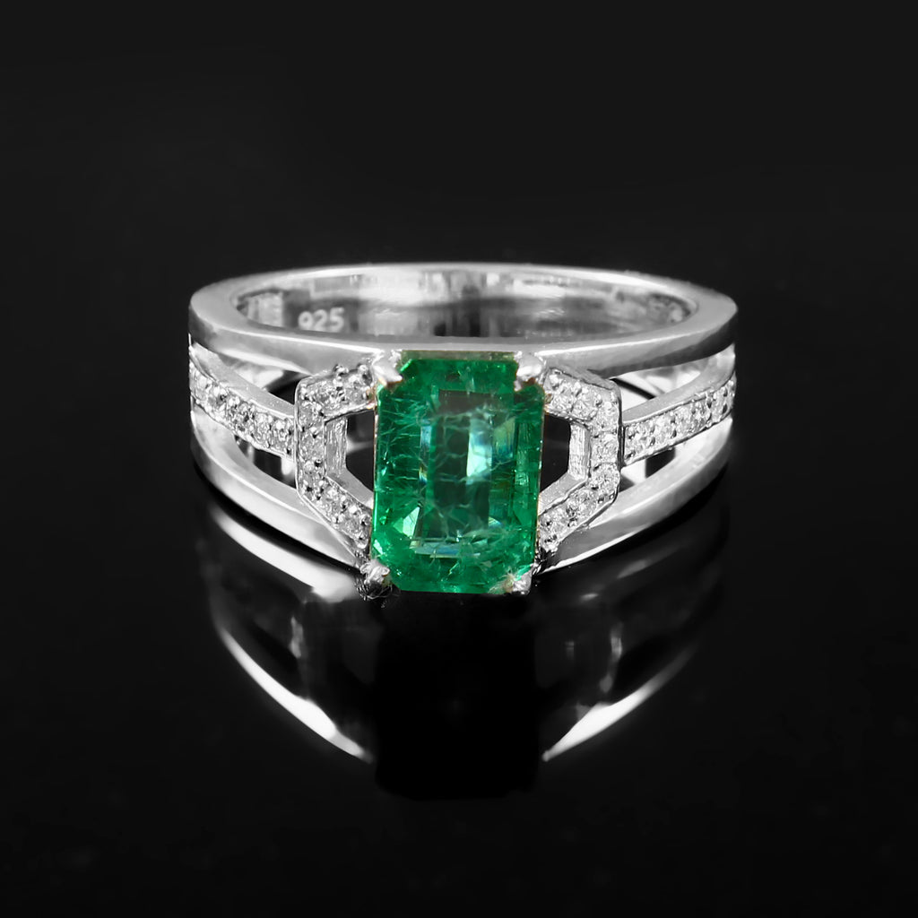 Lab Grown Emerald and Emerald Cut Moissanite Ring for Her, Elegant Bridal Jewelry