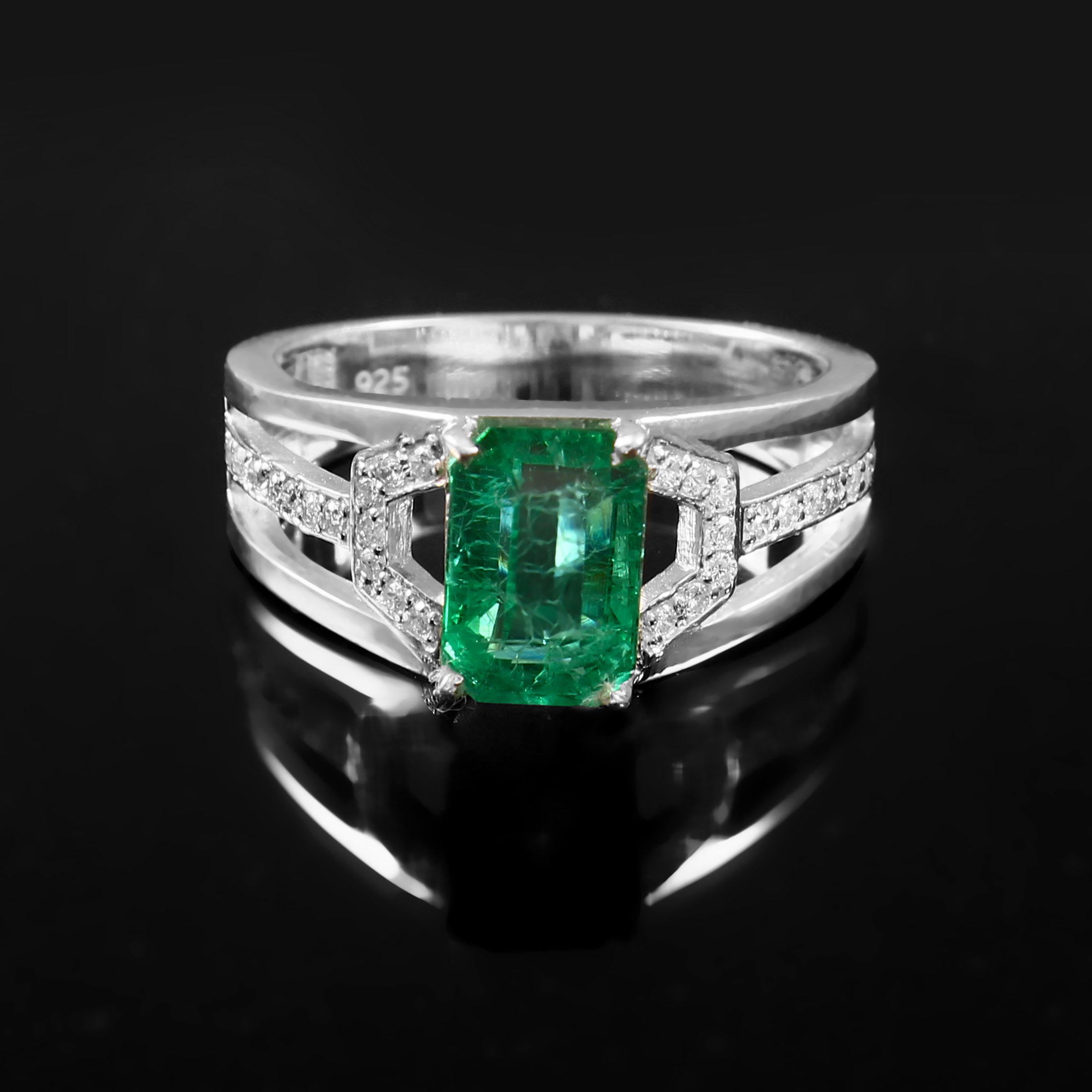 Lab Grown Emerald and Emerald Cut Moissanite Ring for Her, Elegant Bridal Jewelry