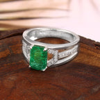 Lab Grown Emerald and Emerald Cut Moissanite Ring for Her, Elegant Bridal Jewelry