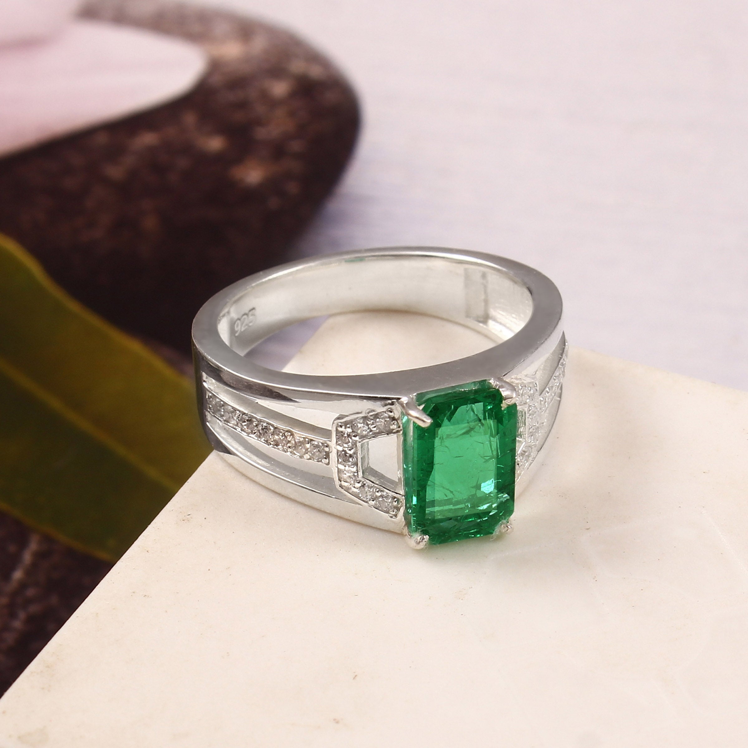 Lab Grown Emerald and Emerald Cut Moissanite Ring for Her, Elegant Bridal Jewelry