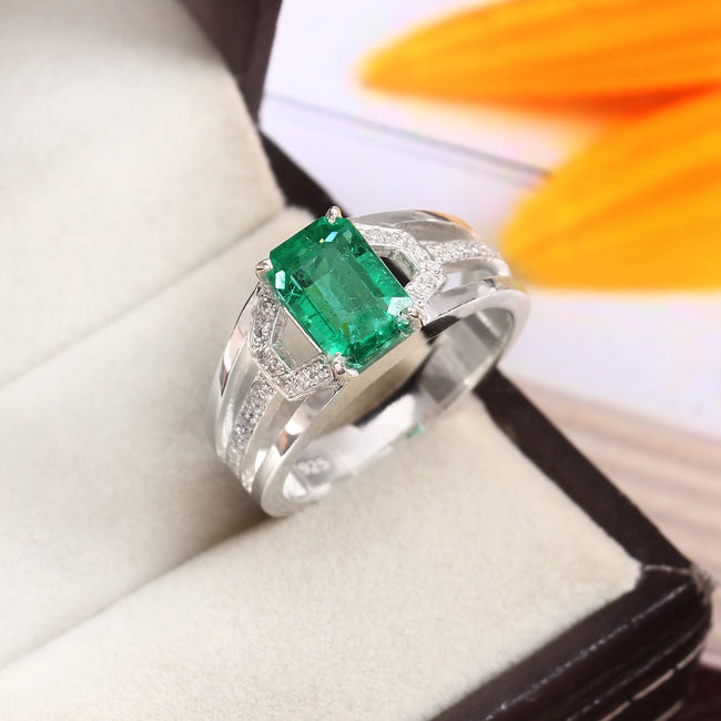 Lab Grown Emerald and Emerald Cut Moissanite Ring for Her, Elegant Bridal Jewelry Hover Image