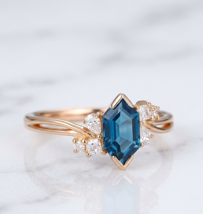 Hexagon London Blue Topaz Ring for Her with Moissanite, Elegant Gemstone Bridal Jewelry Hover Image