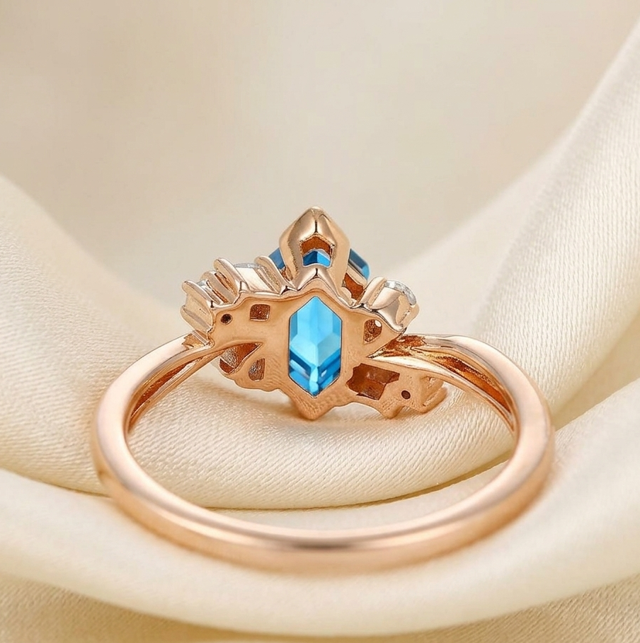 Hexagon London Blue Topaz Ring for Her with Moissanite, Elegant Gemstone Bridal Jewelry