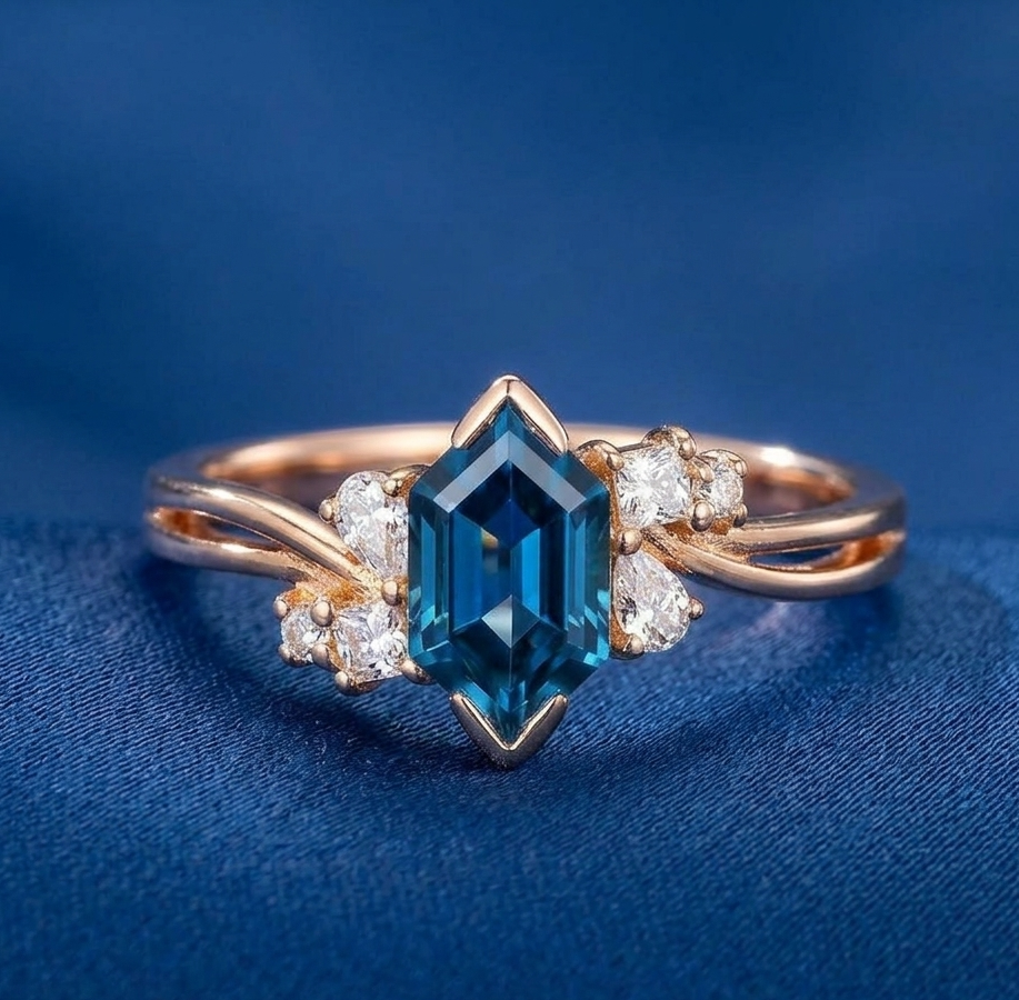Hexagon London Blue Topaz Ring for Her with Moissanite, Elegant Gemstone Bridal Jewelry