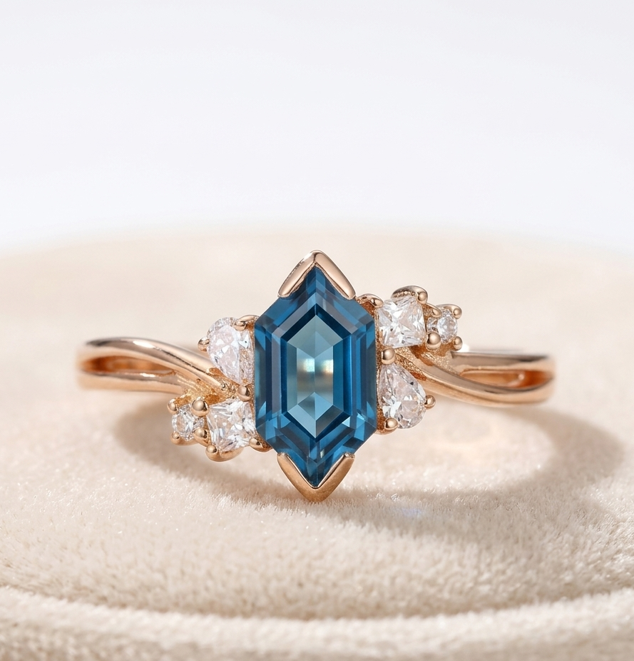 Hexagon London Blue Topaz Ring for Her with Moissanite, Elegant Gemstone Bridal Jewelry