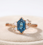 Hexagon London Blue Topaz Ring for Her with Moissanite, Elegant Gemstone Bridal Jewelry