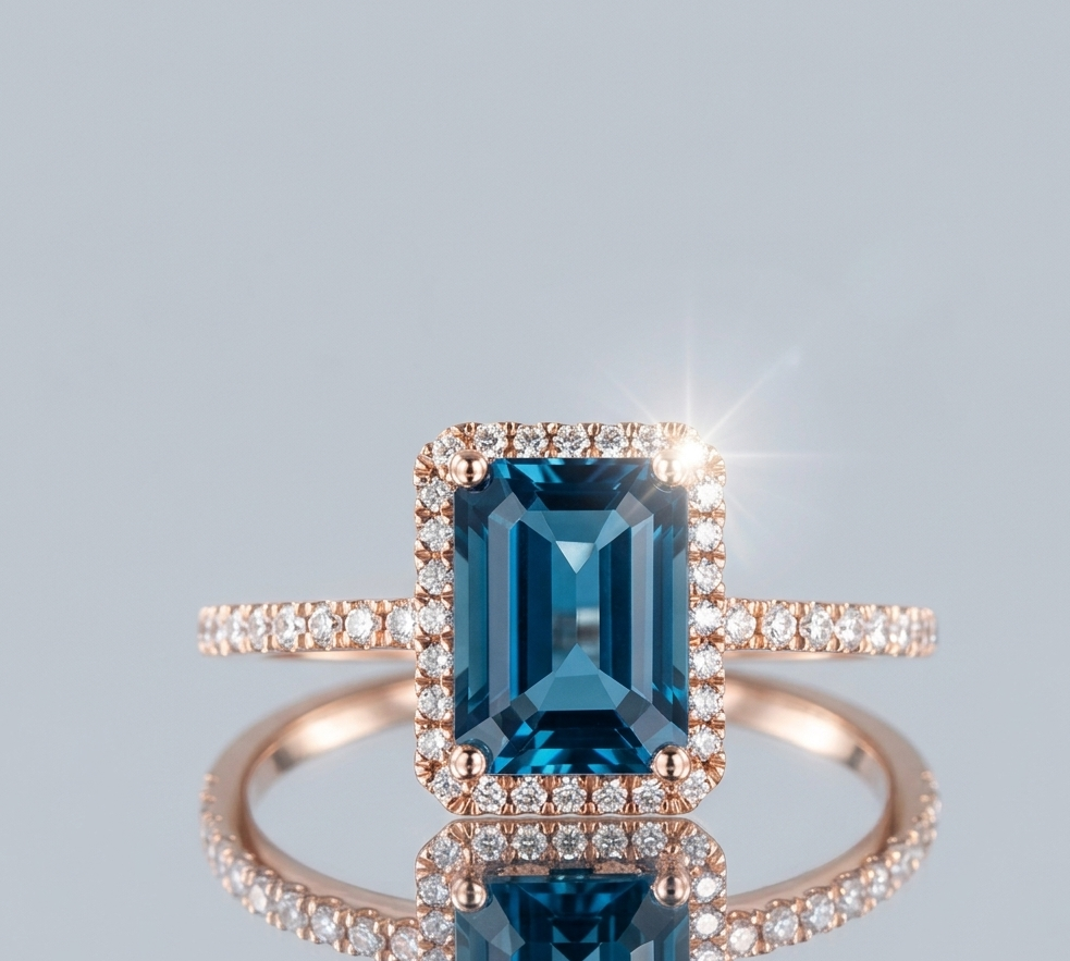 Emerald Cut London Blue Topaz and Moissanite Ring for Her, Elegant Luxury Gemstone Jewelry