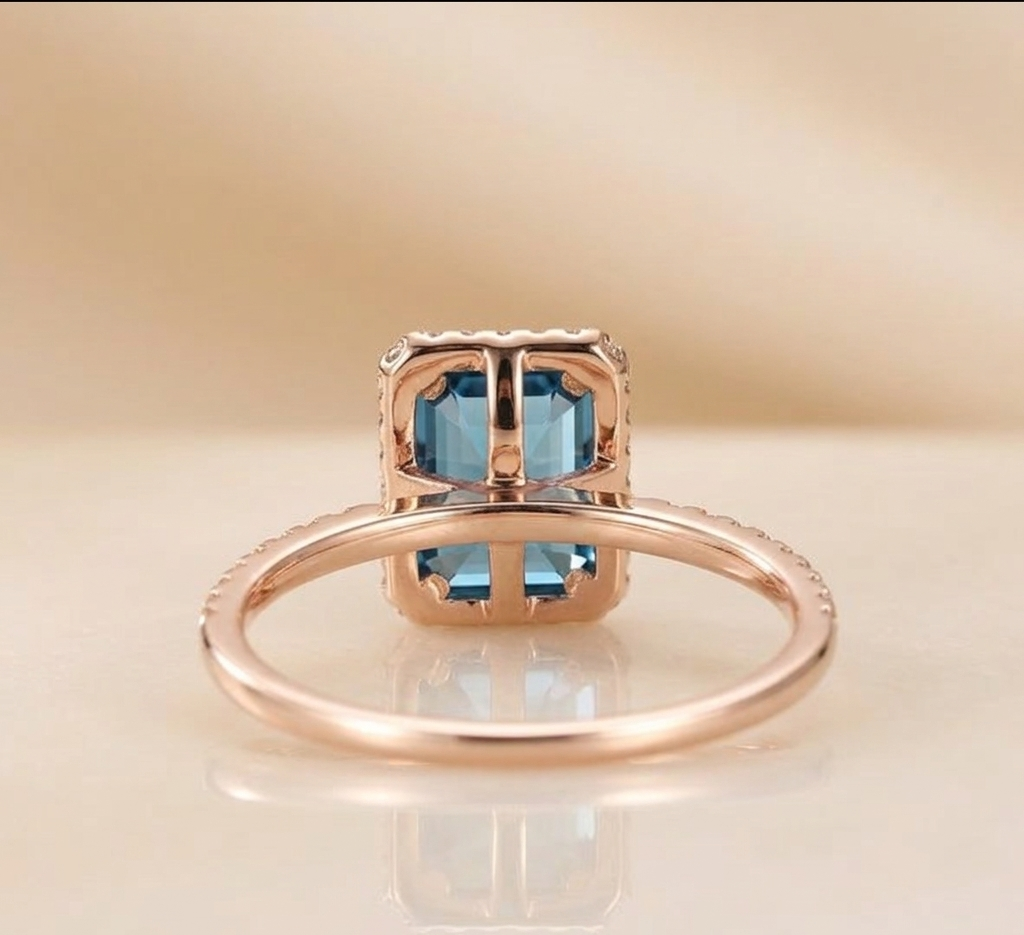 Emerald Cut London Blue Topaz and Moissanite Ring for Her, Elegant Luxury Gemstone Jewelry
