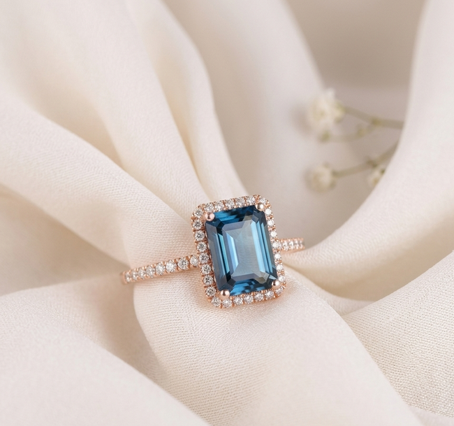 Emerald Cut London Blue Topaz and Moissanite Ring for Her, Elegant Luxury Gemstone Jewelry Hover Image