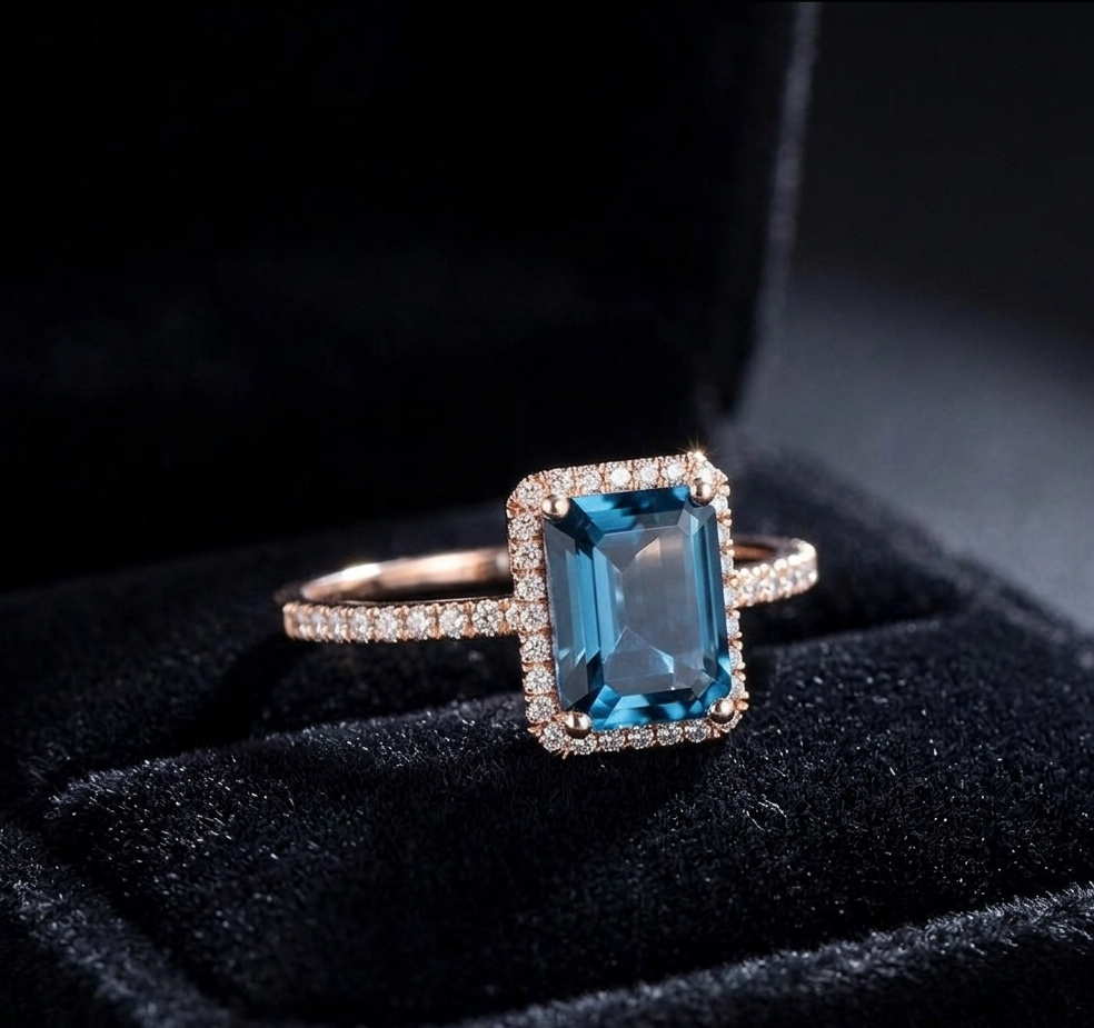 Emerald Cut London Blue Topaz and Moissanite Ring for Her, Elegant Luxury Gemstone Jewelry