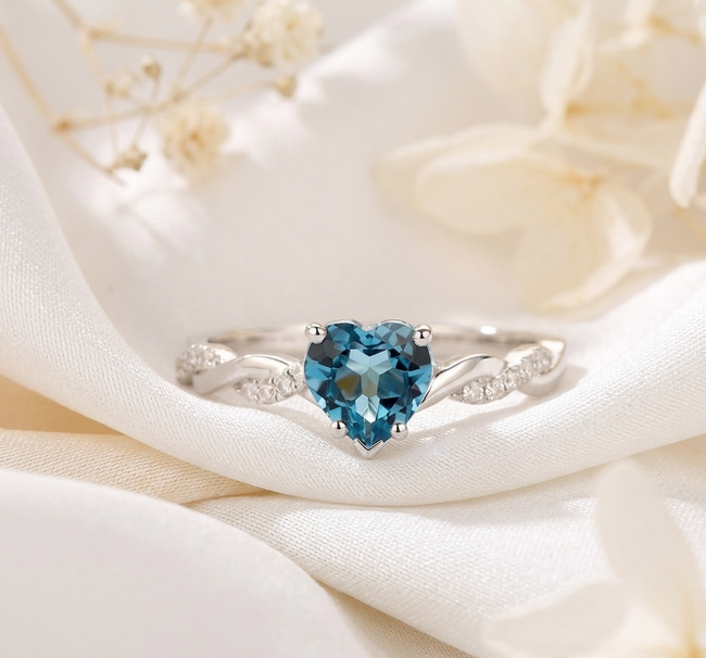 Elegant Heart Shape Blue Topaz Ring for Her, Sterling Silver Romantic Gemstone Jewelry Gift Hover Image