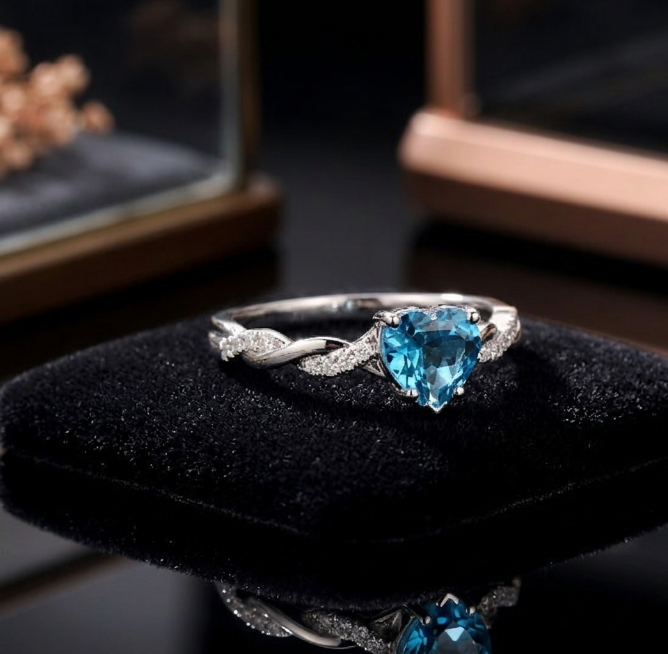 Elegant Heart Shape Blue Topaz Ring for Her, Sterling Silver Romantic Gemstone Jewelry Gift