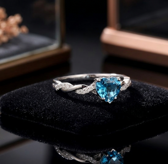 Elegant Heart Shape Blue Topaz Ring for Her, Sterling Silver Romantic Gemstone Jewelry Gift Main Image