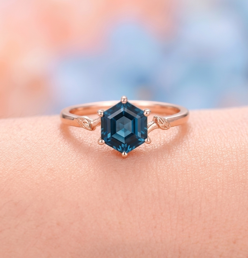 Elegant Hexagon Shape Blue Topaz Ring for Women in Sterling Silver Anniversary Gift Jewelry