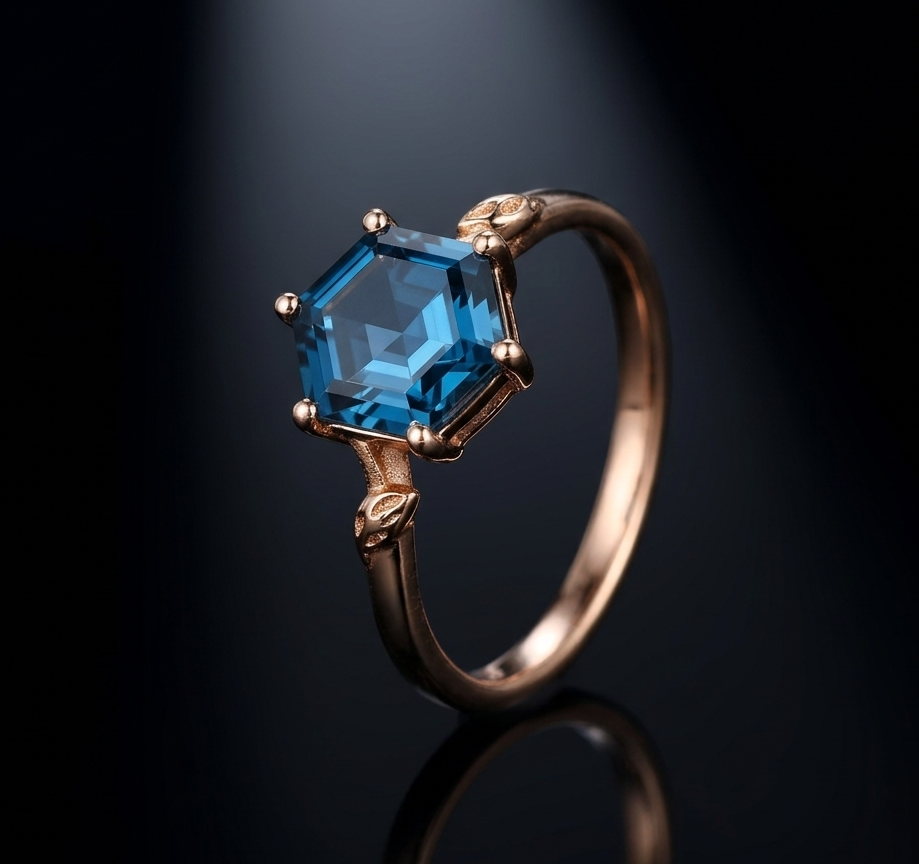 Elegant Hexagon Shape Blue Topaz Ring for Women in Sterling Silver Anniversary Gift Jewelry